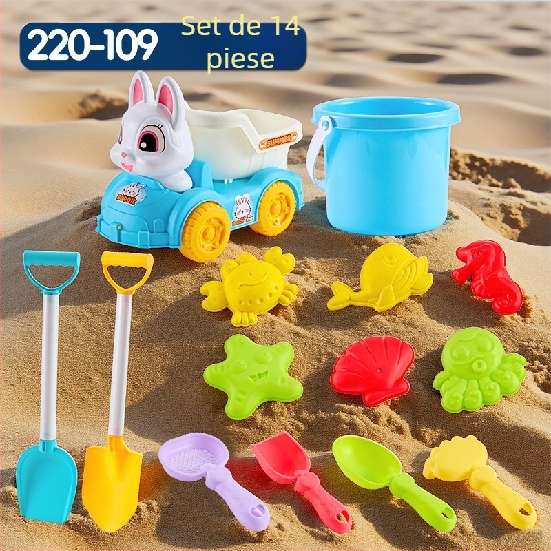 Set jucării de plajă cu unelte pentru săpat în nisip și lopățile, din plastic, pentru copii 4–6 ani, cu activități de apă