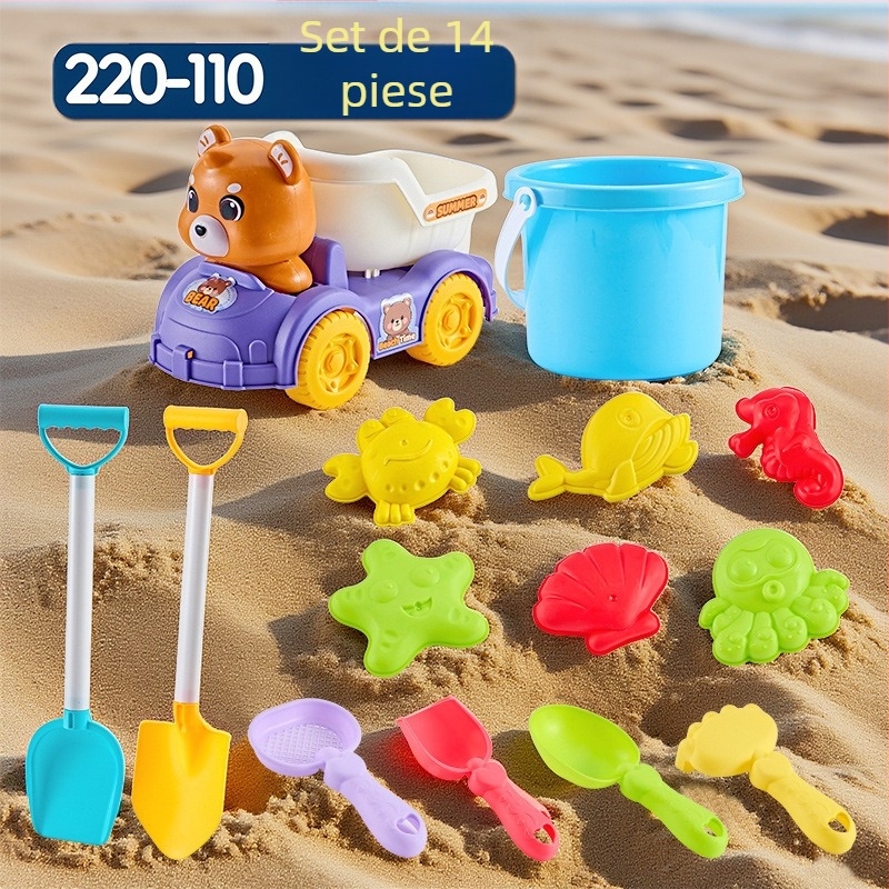 Set jucării de plajă cu unelte pentru săpat în nisip și lopățile, din plastic, pentru copii 4–6 ani, cu activități de apă