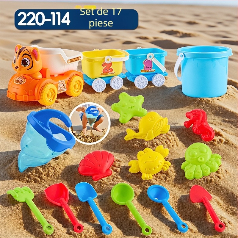 Set jucării de plajă cu unelte pentru săpat în nisip și lopățile, din plastic, pentru copii 4–6 ani, cu activități de apă