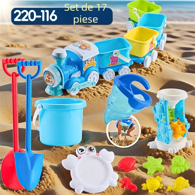 Set jucării de plajă cu unelte pentru săpat în nisip și lopățile, din plastic, pentru copii 4–6 ani, cu activități de apă
