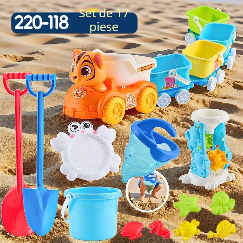 Set jucării de plajă cu unelte pentru săpat în nisip și lopățile, din plastic, pentru copii 4–6 ani, cu activități de apă