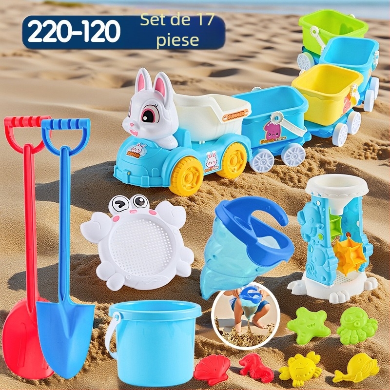 Set jucării de plajă cu unelte pentru săpat în nisip și lopățile, din plastic, pentru copii 4–6 ani, cu activități de apă