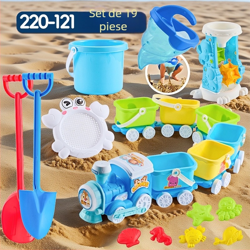 Set jucării de plajă cu unelte pentru săpat în nisip și lopățile, din plastic, pentru copii 4–6 ani, cu activități de apă