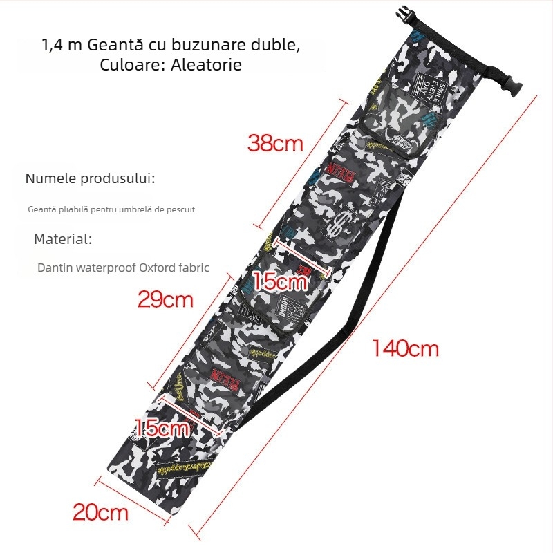 Geantă de echipament de pescuit din pânză, pentru undițe și plase, pliabilă, Oxford, cu buzunar lateral