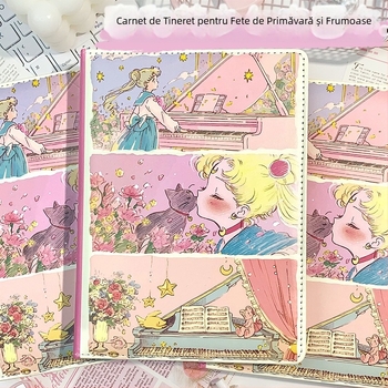 Caiet cu copertă din piele sintetică, legare spirală, 96 pagini ilustrate, stil japonez-coreean drăguț