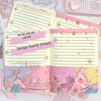 Caiet cu copertă din piele sintetică, legare spirală, 96 pagini ilustrate, stil japonez-coreean drăguț