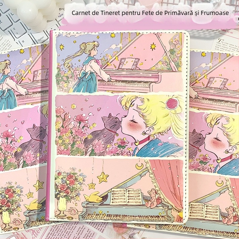 Caiet cu copertă din piele sintetică, legare spirală, 96 pagini ilustrate, stil japonez-coreean drăguț