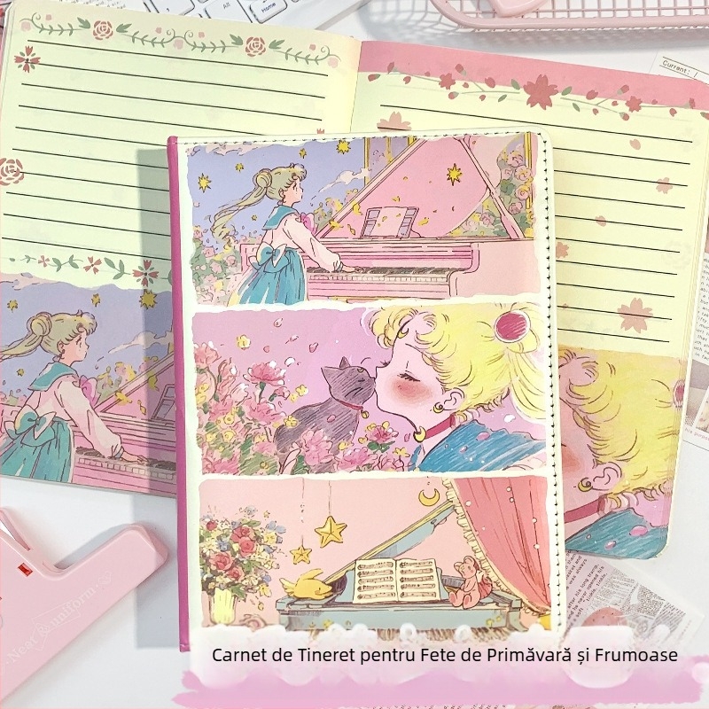 Caiet cu copertă din piele sintetică, legare spirală, 96 pagini ilustrate, stil japonez-coreean drăguț