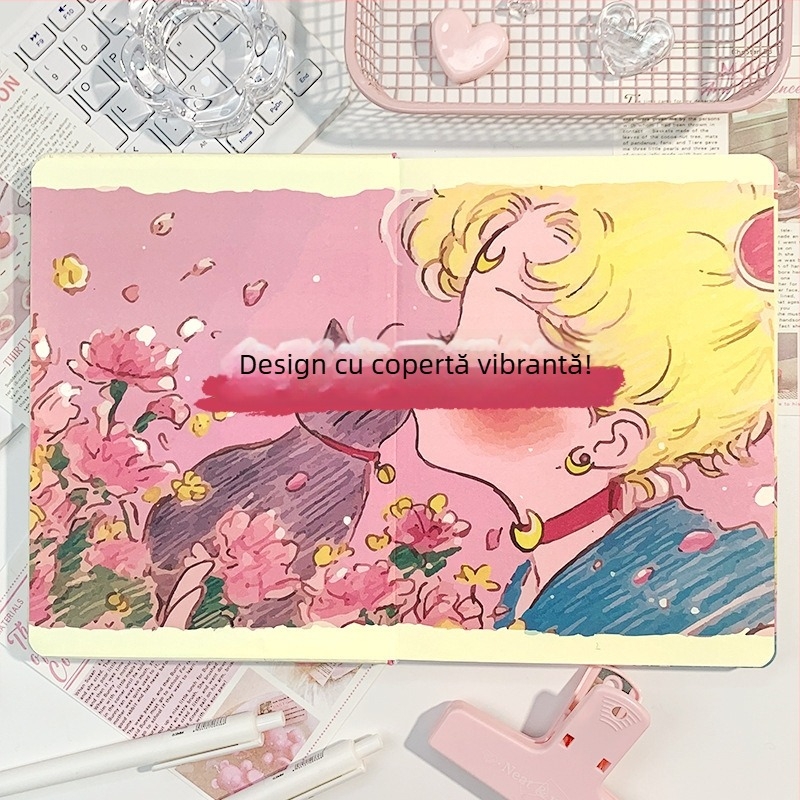 Caiet cu copertă din piele sintetică, legare spirală, 96 pagini ilustrate, stil japonez-coreean drăguț
