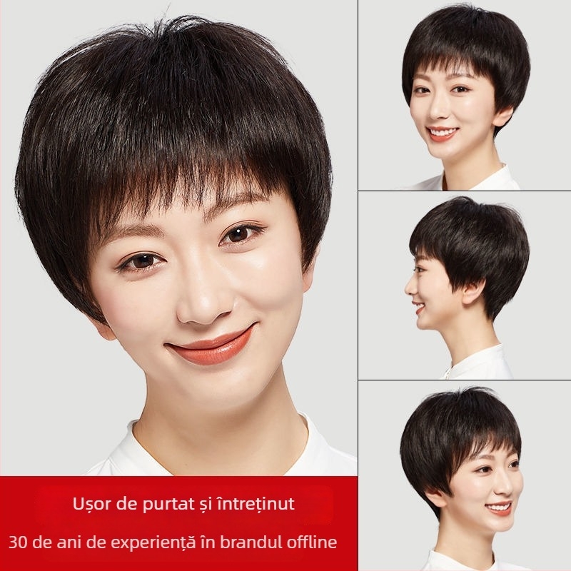 Perucă scurtă din păr real pentru femei de vârstă mijlocie și în vârstă, construcție cu mecanism, potrivită pentru orice nuanță de piele și formă a feței
