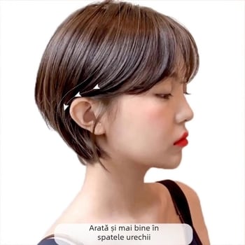 Perucă pentru femei, păr bob scurt, păr uman real, stil coreean, perucă completă pentru cap, bucle pufoase