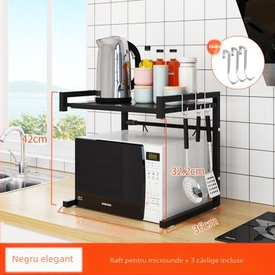 Raft extensibil pentru microunde și depozitare pe blat, din oțel de carbon, organizator de bucătărie cu două niveluri