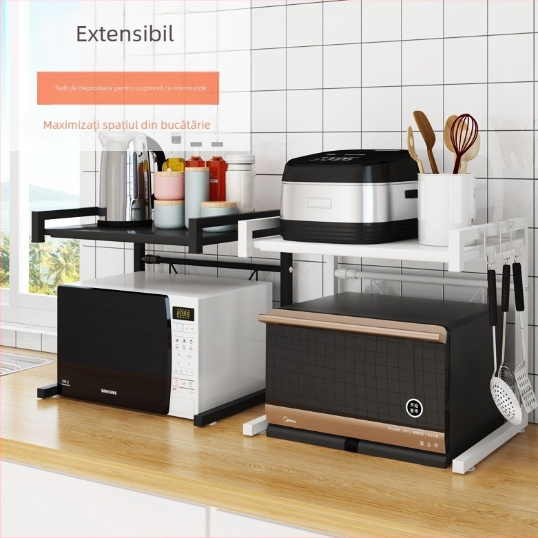Raft extensibil pentru microunde și depozitare pe blat, din oțel de carbon, organizator de bucătărie cu două niveluri