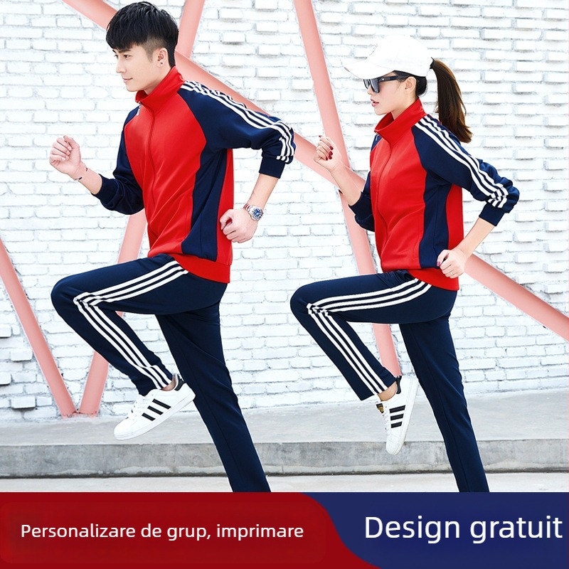 Set sport unisex, cu dungi din poliester, guler înalt și mâneci lungi
