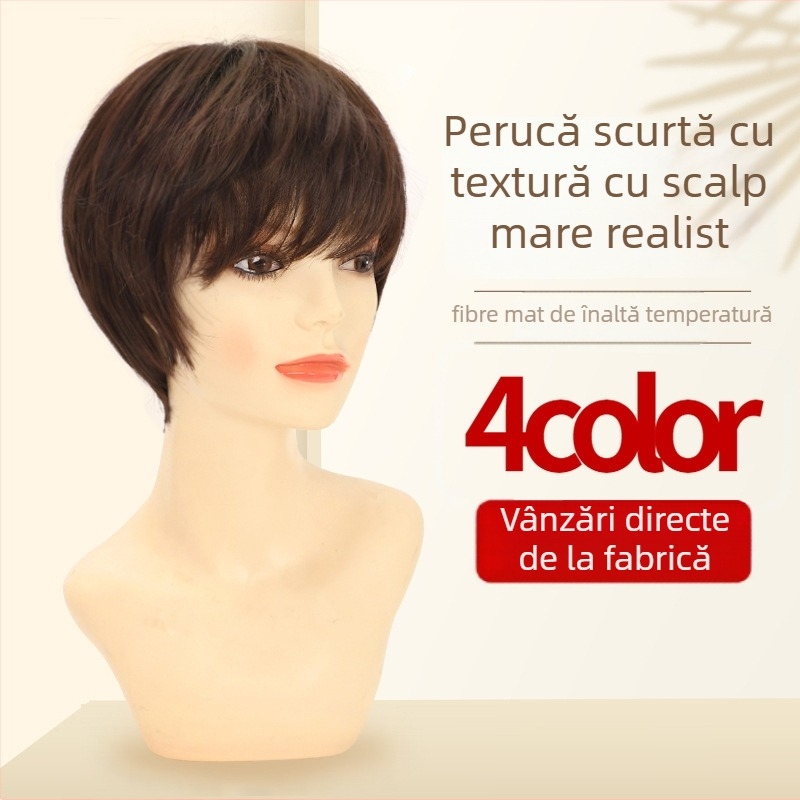 Perucă Louise pentru femei, păr scurt drept, fibră rezistentă la temperatură, mată, acoperire completă a capului