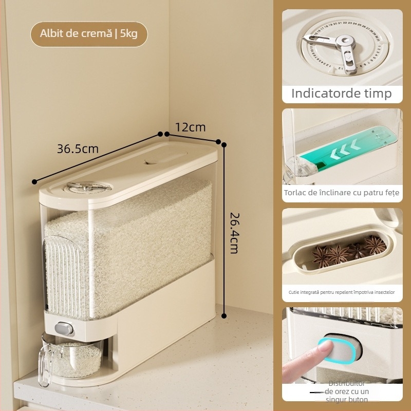 Recipient pentru depozitarea orezului, design îngust și lung, sigilat, rezistent la umezeală și insecte, plastic PP alimentar, capacitate 9-10 L