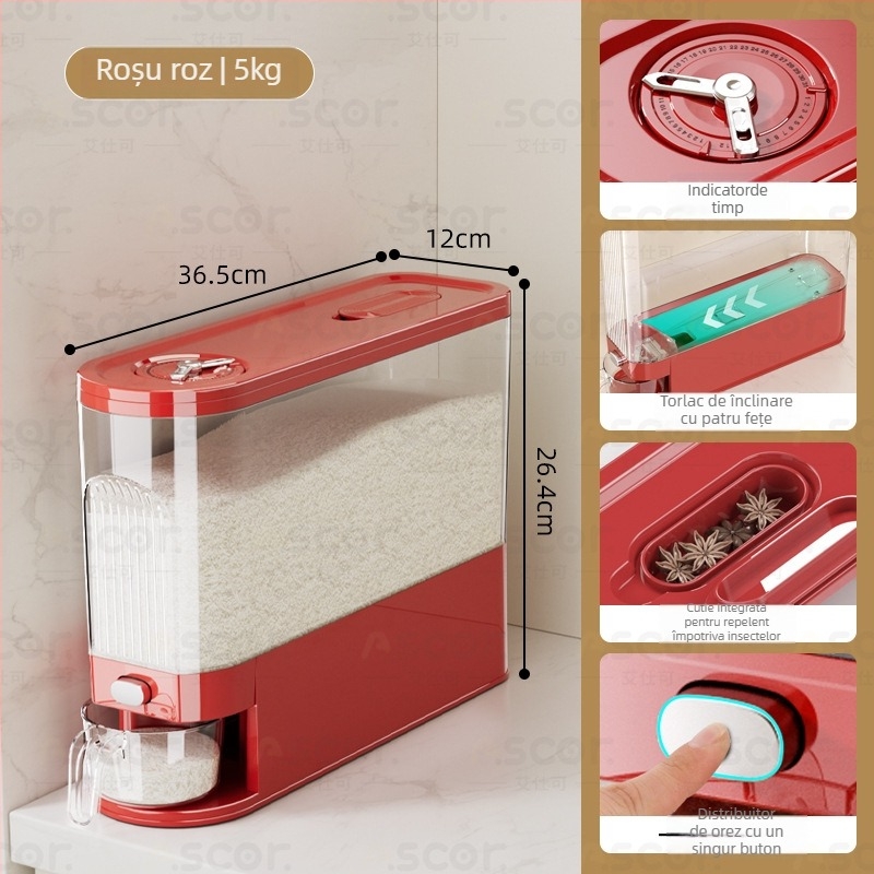 Recipient pentru depozitarea orezului, design îngust și lung, sigilat, rezistent la umezeală și insecte, plastic PP alimentar, capacitate 9-10 L