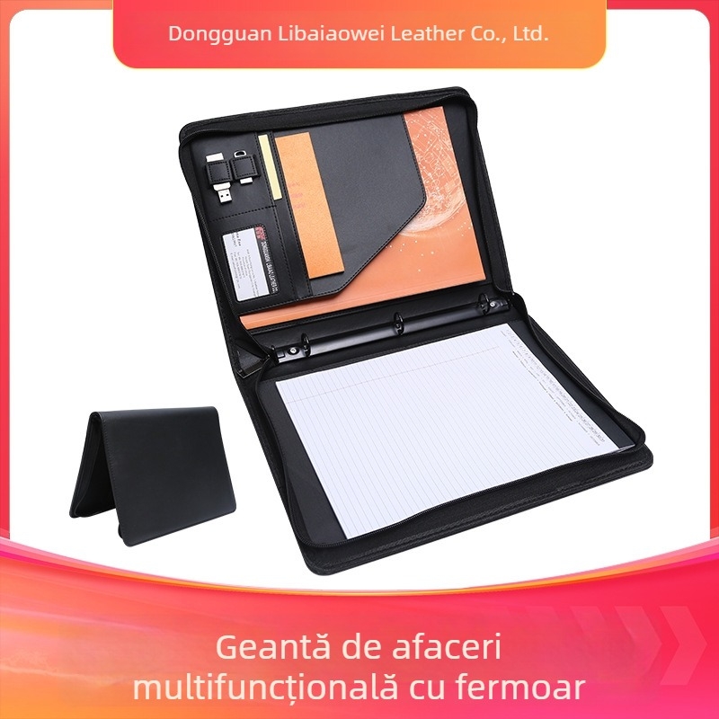 Foldere de afaceri din piele cu fermoar pentru birou, Li Baiao H12DFPB, cu logo imprimat și personalizare disponibilă
