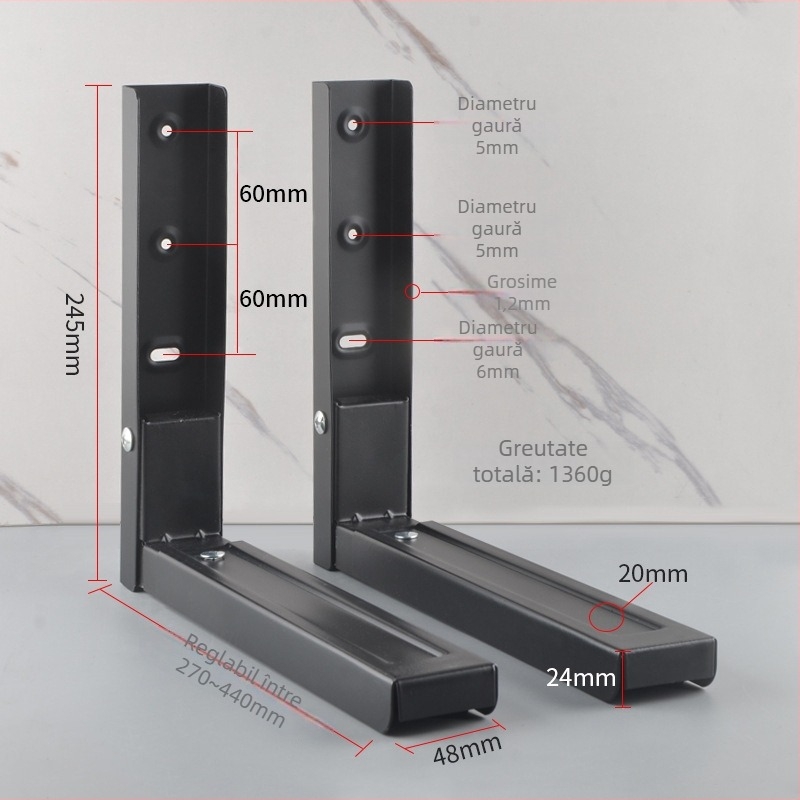 Raft de perete pentru cuptor cu microunde, braț pliabil, depozitare cu două niveluri, construcție din aliaj metalic, telescopic