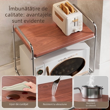 Raft bucătărie pentru cuptor cu microunde, pe blat, două niveluri, glisant, suport pentru orez, raft stratificat pentru condimente; Material: oțel-carbon + placă densă; Procesare: desene personalizate; Stil: modern simplu