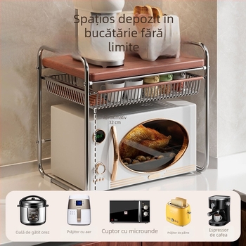Raft bucătărie pentru cuptor cu microunde, pe blat, două niveluri, glisant, suport pentru orez, raft stratificat pentru condimente; Material: oțel-carbon + placă densă; Procesare: desene personalizate; Stil: modern simplu