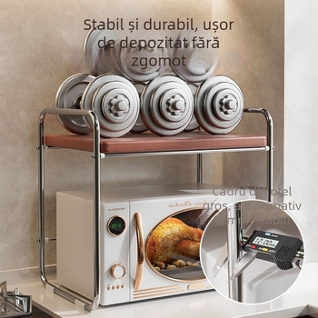 Raft bucătărie pentru cuptor cu microunde, pe blat, două niveluri, glisant, suport pentru orez, raft stratificat pentru condimente; Material: oțel-carbon + placă densă; Procesare: desene personalizate; Stil: modern simplu