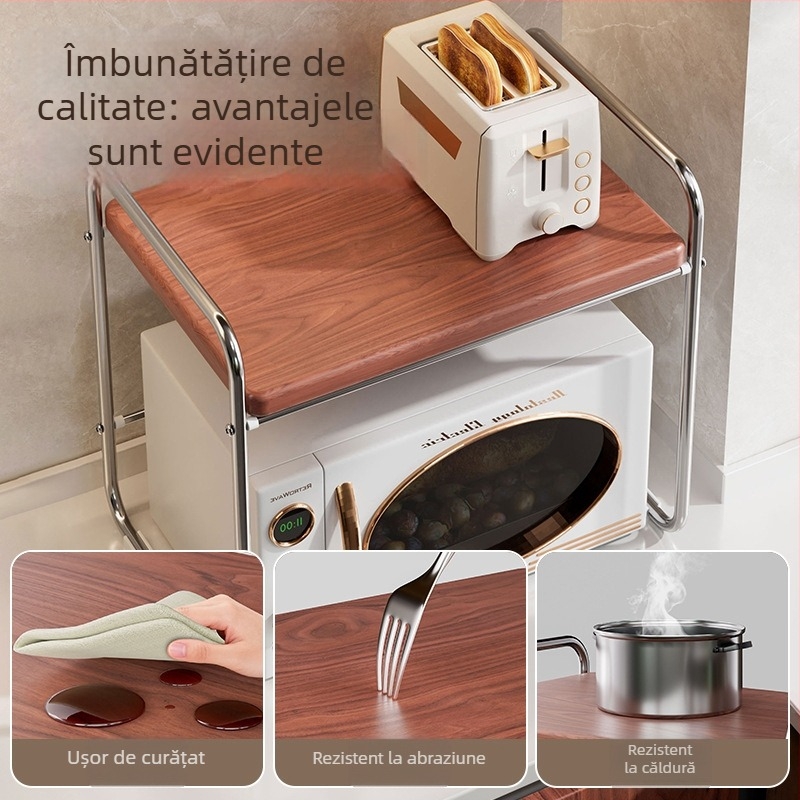 Raft bucătărie pentru cuptor cu microunde, pe blat, două niveluri, glisant, suport pentru orez, raft stratificat pentru condimente; Material: oțel-carbon + placă densă; Procesare: desene personalizate; Stil: modern simplu