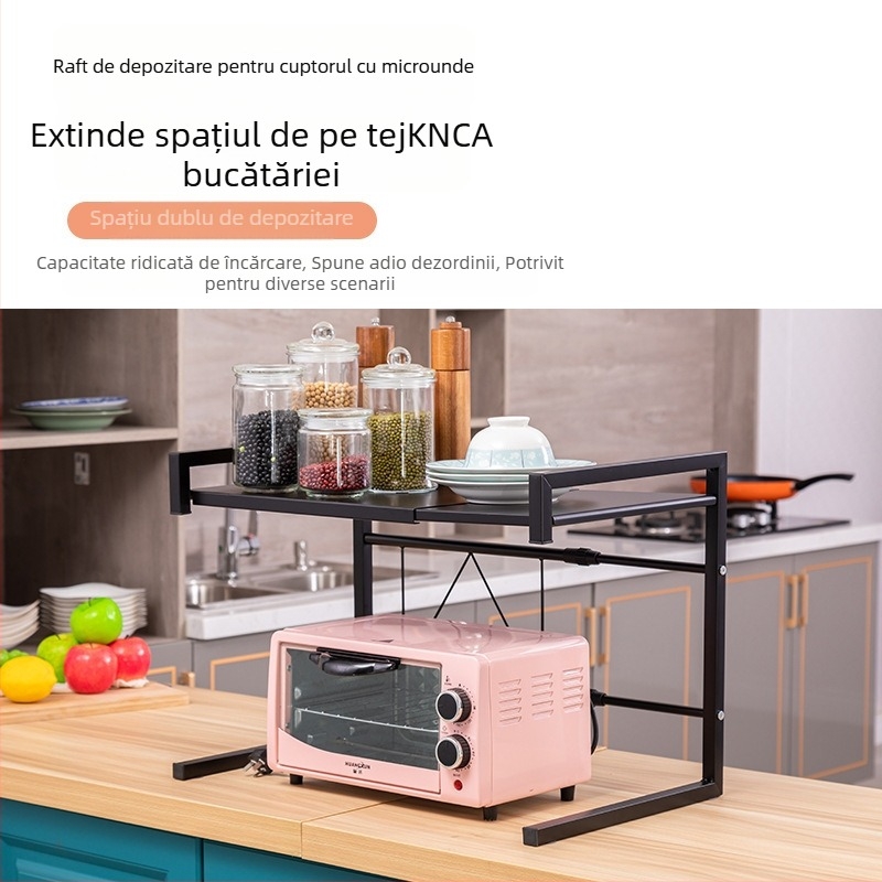 Raft extensibil pentru cuptorul cu microunde, pentru suprafața de lucru, spațiu de depozitare pentru gătitor de orez, cadru din oțel, oțel-carbon, Qiao Yi, model QYWBL-6531-BK/WH, stil Modernă Simplitate