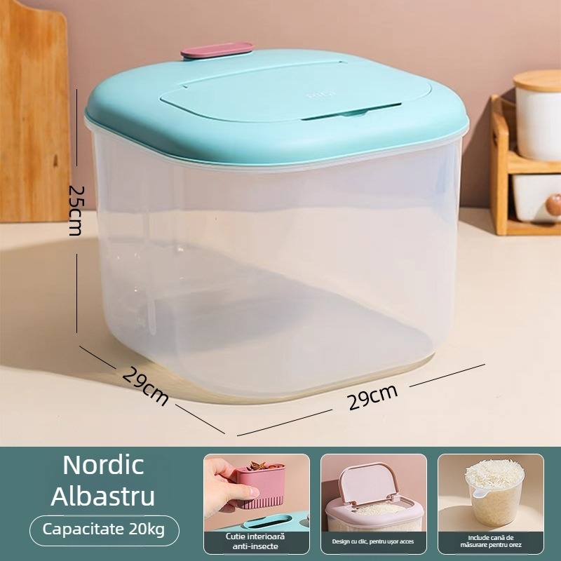 Cutie de depozitare pentru orez, protecție împotriva umezelii și dăunătorilor, din plastic PP, capac sigilat, 10 litri.