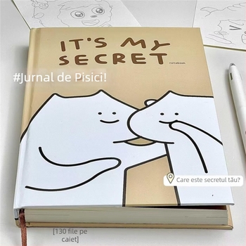 Bloc-notes cu temă de pisicuță în stil desen animat, linie simplă, legare cusută, hârtie Dowling, 180 gsm, 200–300 pagini