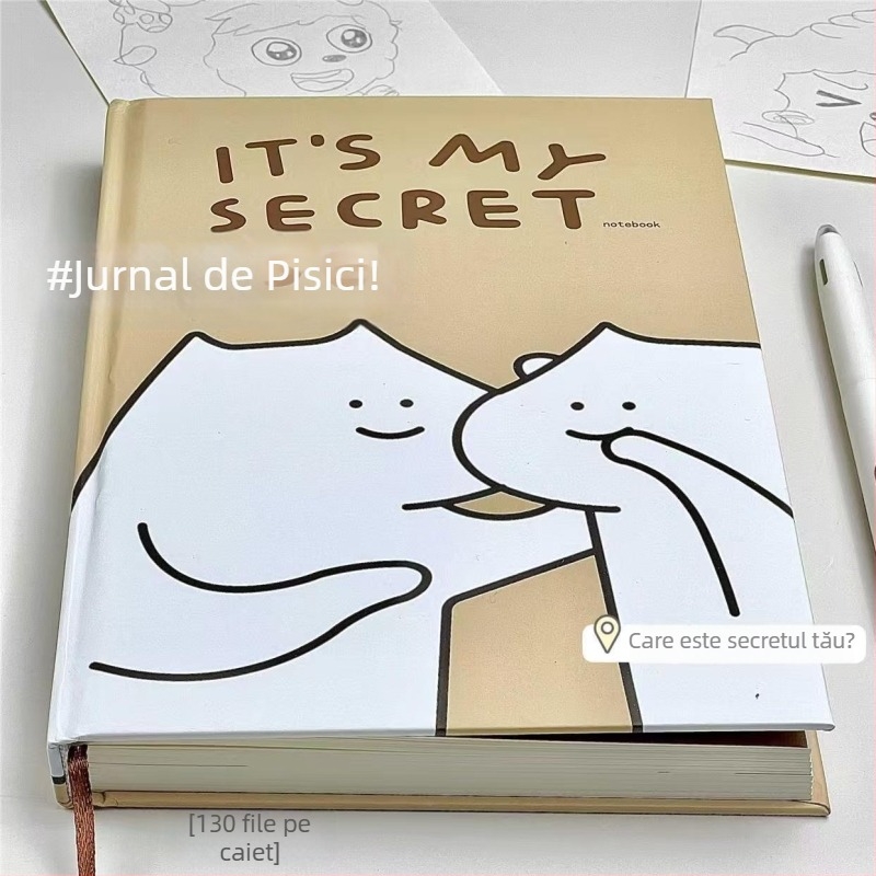 Bloc-notes cu temă de pisicuță în stil desen animat, linie simplă, legare cusută, hârtie Dowling, 180 gsm, 200–300 pagini