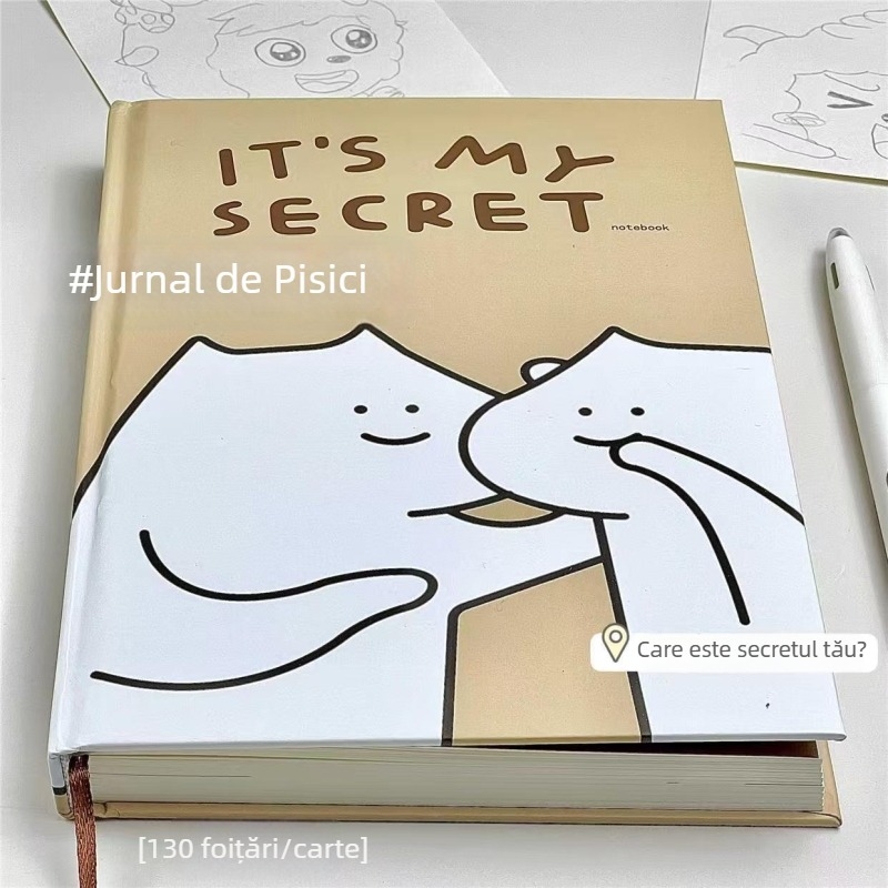 Bloc-notes cu temă de pisicuță în stil desen animat, linie simplă, legare cusută, hârtie Dowling, 180 gsm, 200–300 pagini