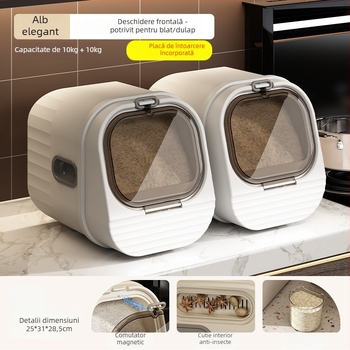 Recipient pentru depozitare orez, sigilat, rezistent la umiditate si insecte, din plastic PP; capacitate 10 L sau mai mare; imprimare logo disponibila; personalizare; stil modern minimalist.