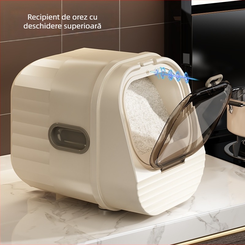 Recipient pentru depozitare orez, sigilat, rezistent la umiditate si insecte, din plastic PP; capacitate 10 L sau mai mare; imprimare logo disponibila; personalizare; stil modern minimalist.