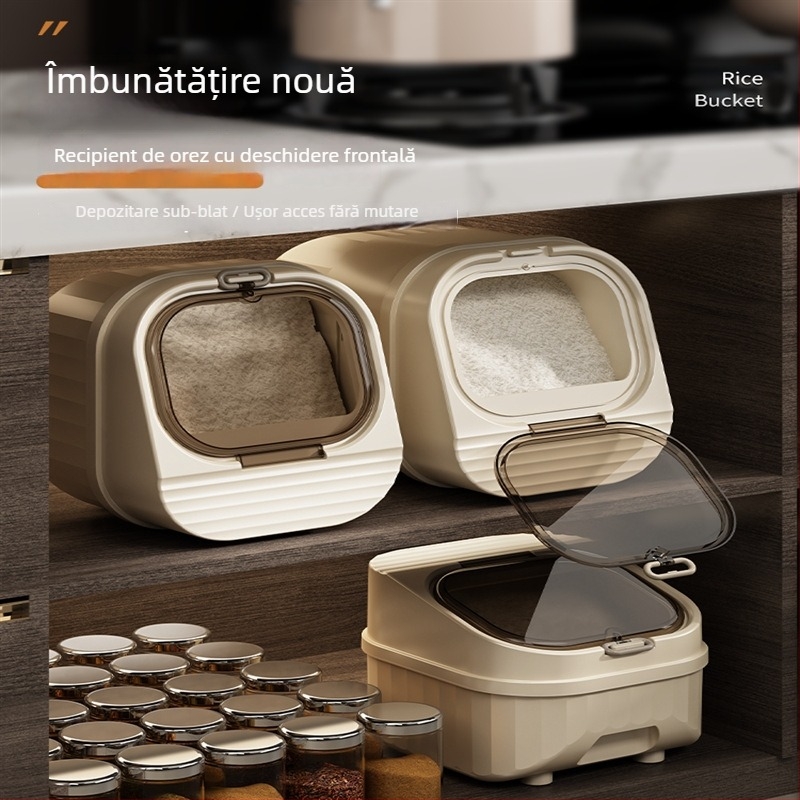 Recipient pentru depozitare orez, sigilat, rezistent la umiditate si insecte, din plastic PP; capacitate 10 L sau mai mare; imprimare logo disponibila; personalizare; stil modern minimalist.