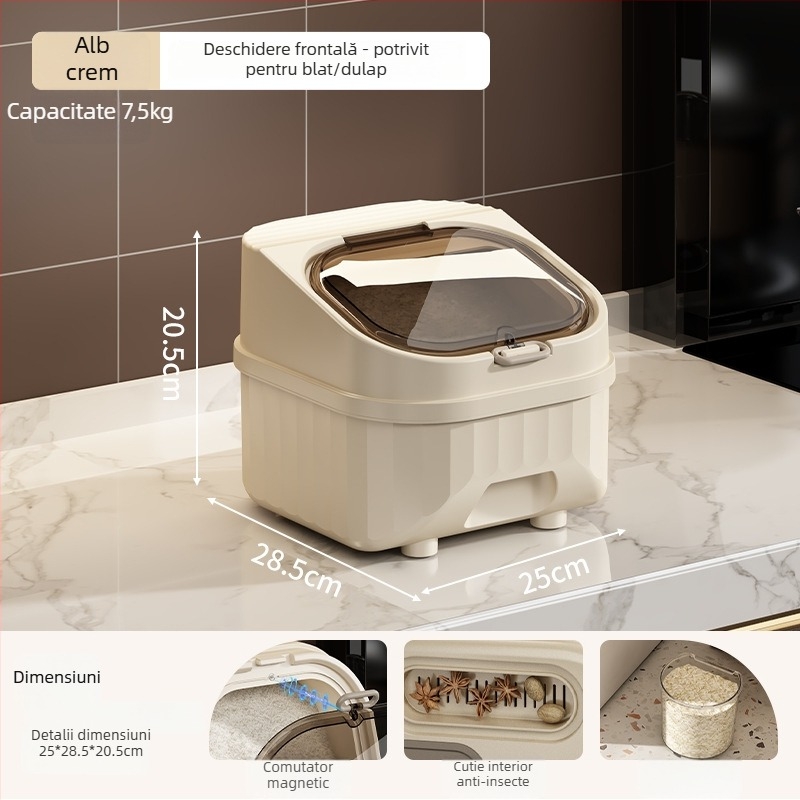 Recipient pentru depozitare orez, sigilat, rezistent la umiditate si insecte, din plastic PP; capacitate 10 L sau mai mare; imprimare logo disponibila; personalizare; stil modern minimalist.