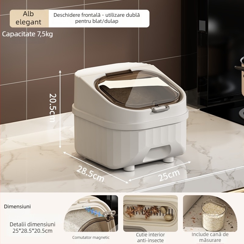 Recipient pentru depozitare orez, sigilat, rezistent la umiditate si insecte, din plastic PP; capacitate 10 L sau mai mare; imprimare logo disponibila; personalizare; stil modern minimalist.