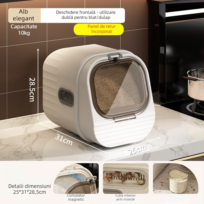 Recipient pentru depozitare orez, sigilat, rezistent la umiditate si insecte, din plastic PP; capacitate 10 L sau mai mare; imprimare logo disponibila; personalizare; stil modern minimalist.