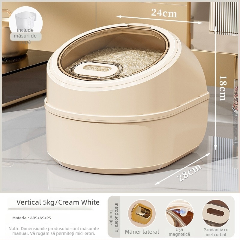 Recipient pentru depozitare orez, sigilat ermetic, protecție împotriva umezelii și insectelor, din PP plastic, stil minimalist modern