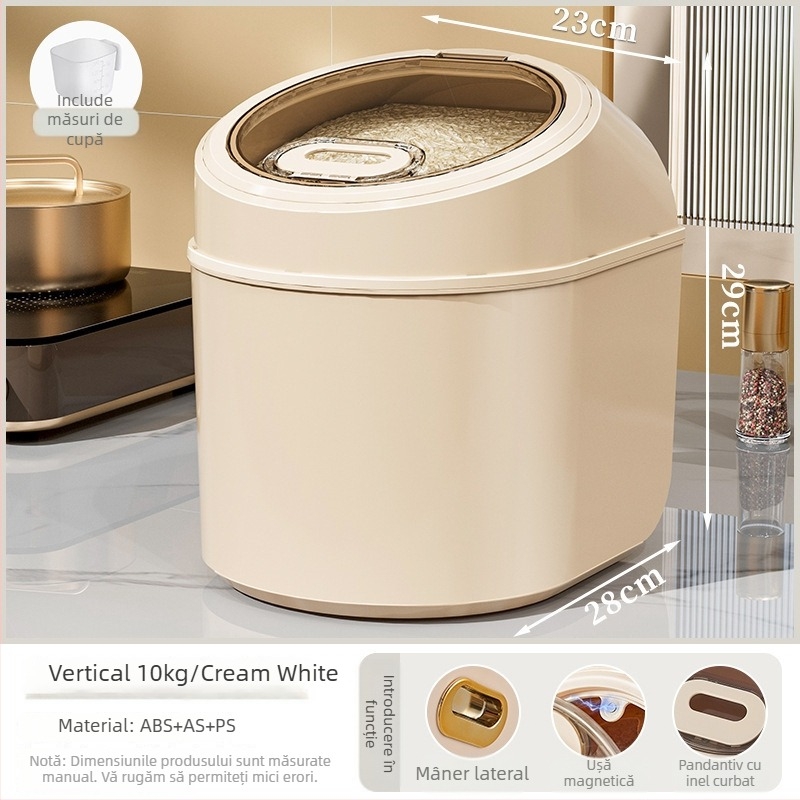 Recipient pentru depozitare orez, sigilat ermetic, protecție împotriva umezelii și insectelor, din PP plastic, stil minimalist modern