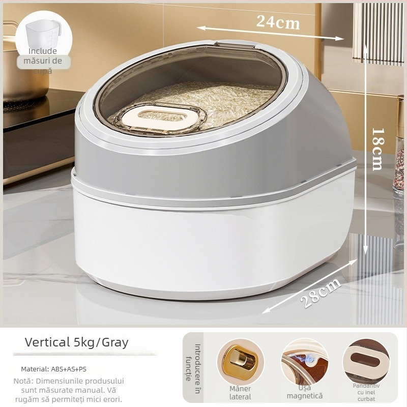 Recipient pentru depozitare orez, sigilat ermetic, protecție împotriva umezelii și insectelor, din PP plastic, stil minimalist modern