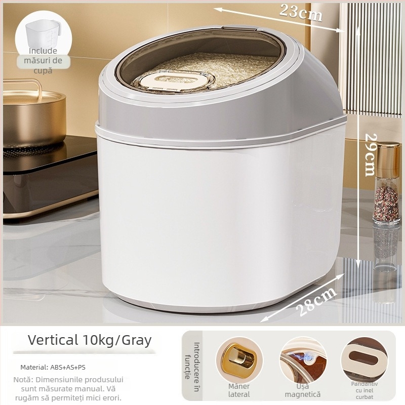 Recipient pentru depozitare orez, sigilat ermetic, protecție împotriva umezelii și insectelor, din PP plastic, stil minimalist modern