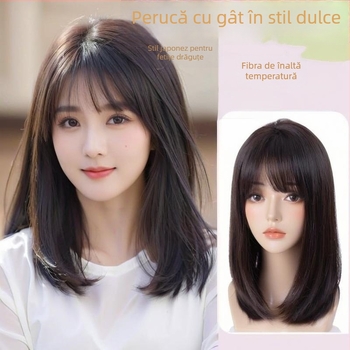 Păr pentru femei, păr mediu-lung, aspect natural, breton aerian, acoperire completă a capului, model 789, fibre rezistente la temperatură, poate fi vopsită sau îndreptată