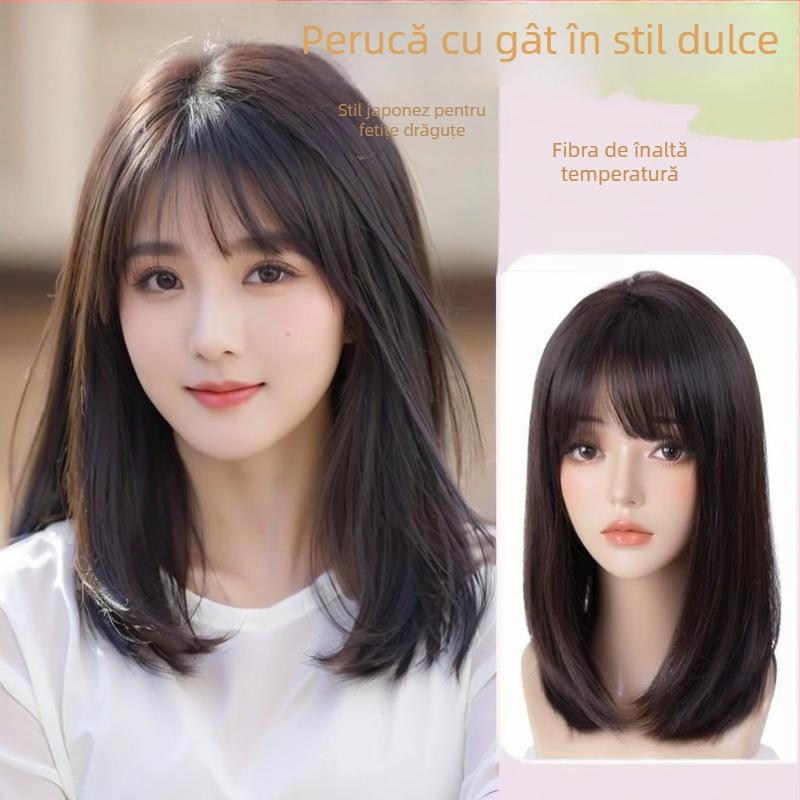 Păr pentru femei, păr mediu-lung, aspect natural, breton aerian, acoperire completă a capului, model 789, fibre rezistente la temperatură, poate fi vopsită sau îndreptată
