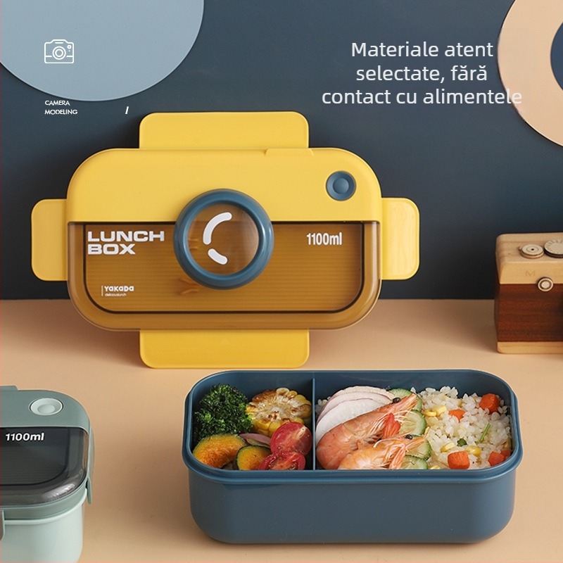 Cutie prânz cu tacâmuri, potrivită pentru microunde, dreptunghiulară din plastic, capacitate 1–2 L, etanșă, portabilă