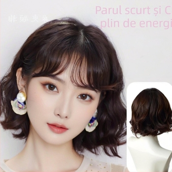 Perucă pentru femei, stil coreean, păr scurt buclat, breton aerian, păr sintetic rezistent la temperaturi înalte