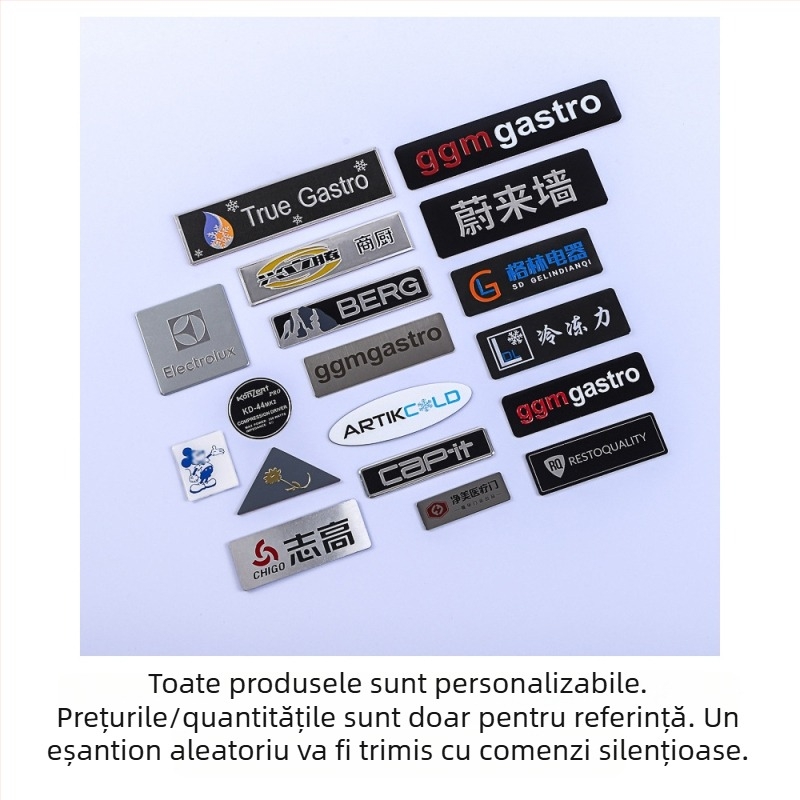 Etichete metalice personalizate – materiale: cupru, fier, aluminiu, aliaj nichel, oțel inoxidabil; imprimare: serigrafie; personalizare: da; aplicații: etichete metalice variate