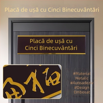 Piesă de plăcuță metalică pentru ușă, autoadesivă, aliaj de aluminiu, design Cinci Binecuvântări, serigrafie