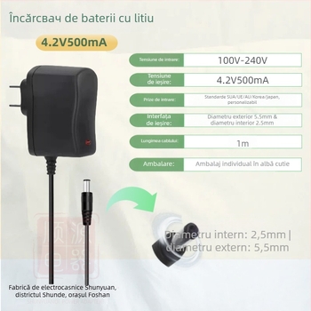 Încărcător pentru baterii Li‑ion 18650 cu ieșiri multiple: 4.2V1A, 5V1A, 8.4V1A, 12.6V1A, 16.8V1A; alimentare 100-240V AC.