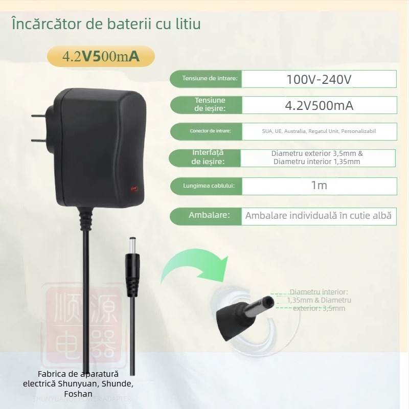 Încărcător pentru baterii Li‑ion 18650 cu ieșiri multiple: 4.2V1A, 5V1A, 8.4V1A, 12.6V1A, 16.8V1A; alimentare 100-240V AC.